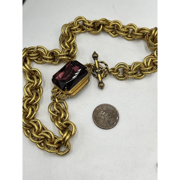 John Wind Gold Plated Chunky Toggle Purple Resin Crystal Statement Necklace - Picture 5 of 11